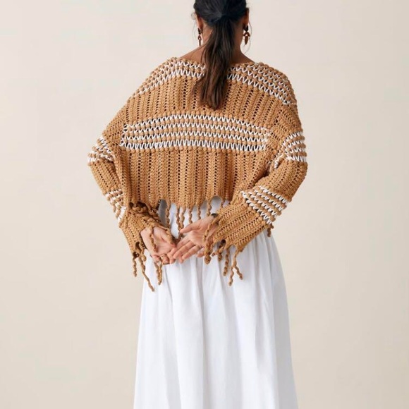 Zara studio crochet knit fringed two tone sweater honey tan - Picture 10 of 11